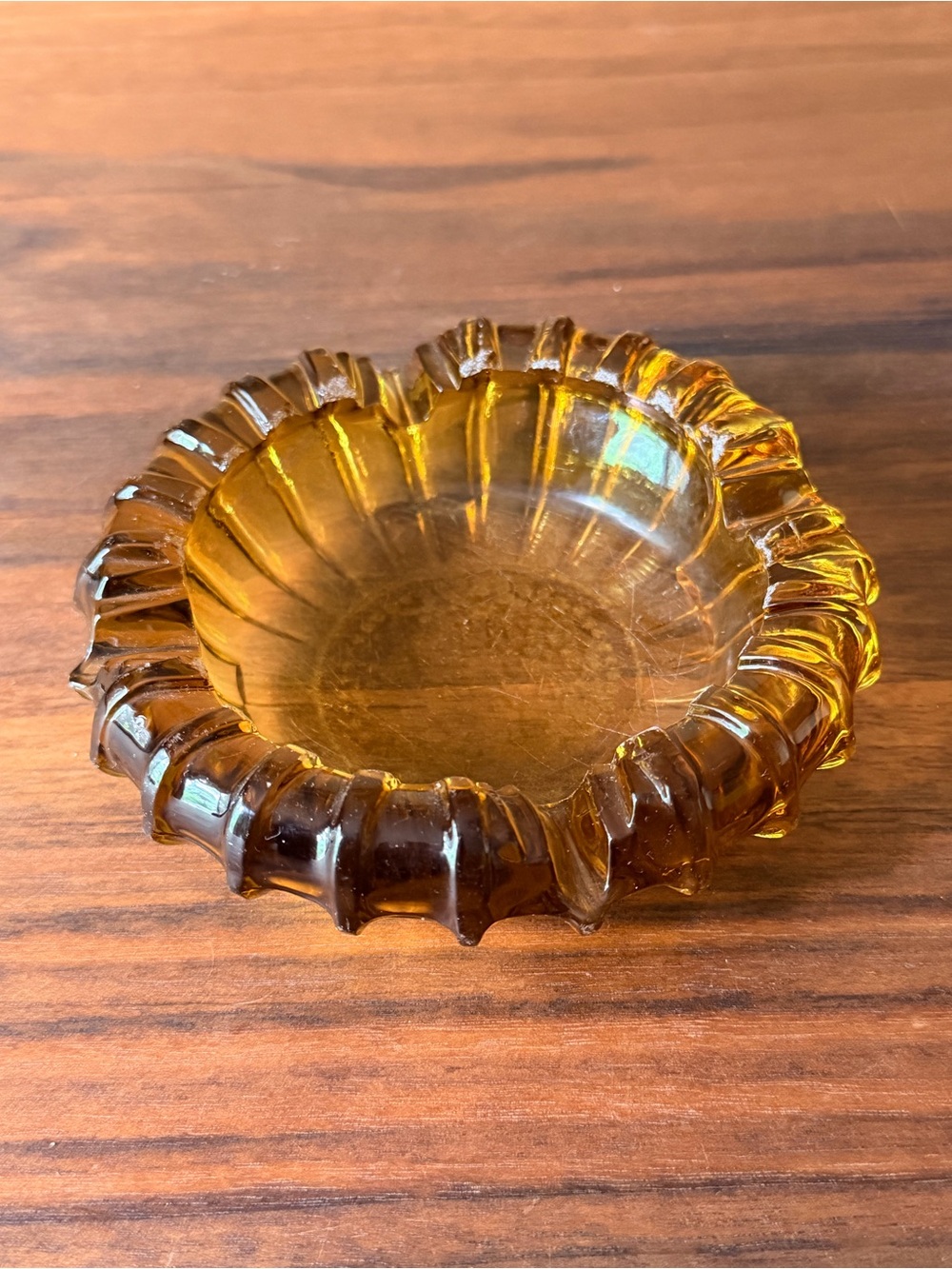 Vintage VTG Amber Glass Art MCM Sunburst 5” Ashtray